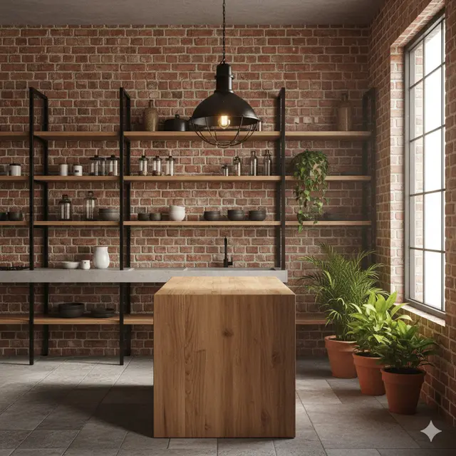 Model Dapur Rustic Tropis dengan Pencahayaan Alami dan Dinding Bata Merah. Gemini