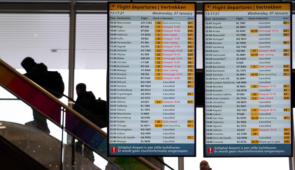 Layar menampilkan pengumuman penerbangan yang dibatalkan dan ditunda di bandara Schiphol di Amsterdam, Belanda, Rabu 7 Januari 2026. Cuaca ekstrem berupa salju dan es telah menimbulkan gangguan transportasi di sebagian wilayah Eropa. (AP Photo/Peter Dejong)
