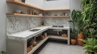 Inspirasi Dapur Outdoor Lahan Sempit dengan Meja Cor Minimalis. Foto: Gemini