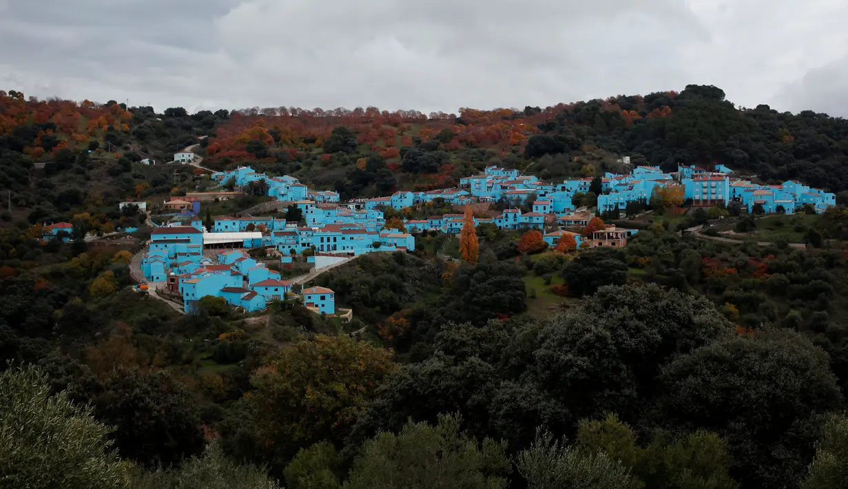 Pemandangan jejeran rumah-rumah berwarna biru yang berada di atas bukit di Juzcar, Selatan Spanyol, 2 Desember 2016. Penduduk setempat menghabiskan 4.000 liter cat biru untuk merubah Juzcar menjadi sebuah tempat bernuansa Smurf. (REUTERS/Jon Nazca)