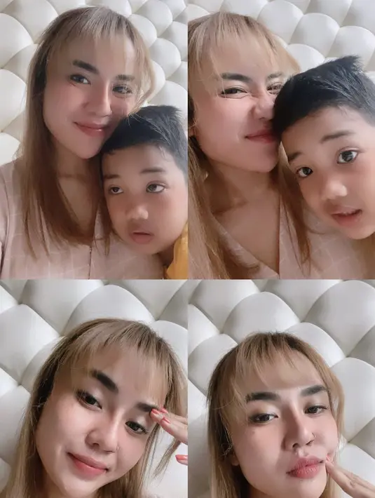 Berpose bersama sang anak, dengan dekat warna rambutnya benar-benar blonde. Ia memilih poni depan yang tidak terlalu tebal. (@medinazein92)