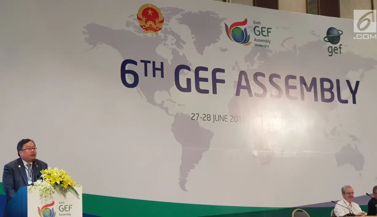 Menteri Perencanaan Pembangunan Nasional / Kepala Bappenas, Bambang Brodjonegoro, memberikan paparan pada Plenary Session 6th Global Environment Facility (GEF) Assembly di Vietnam (28/6). (Liputan6.com/HO/Bappenas)
