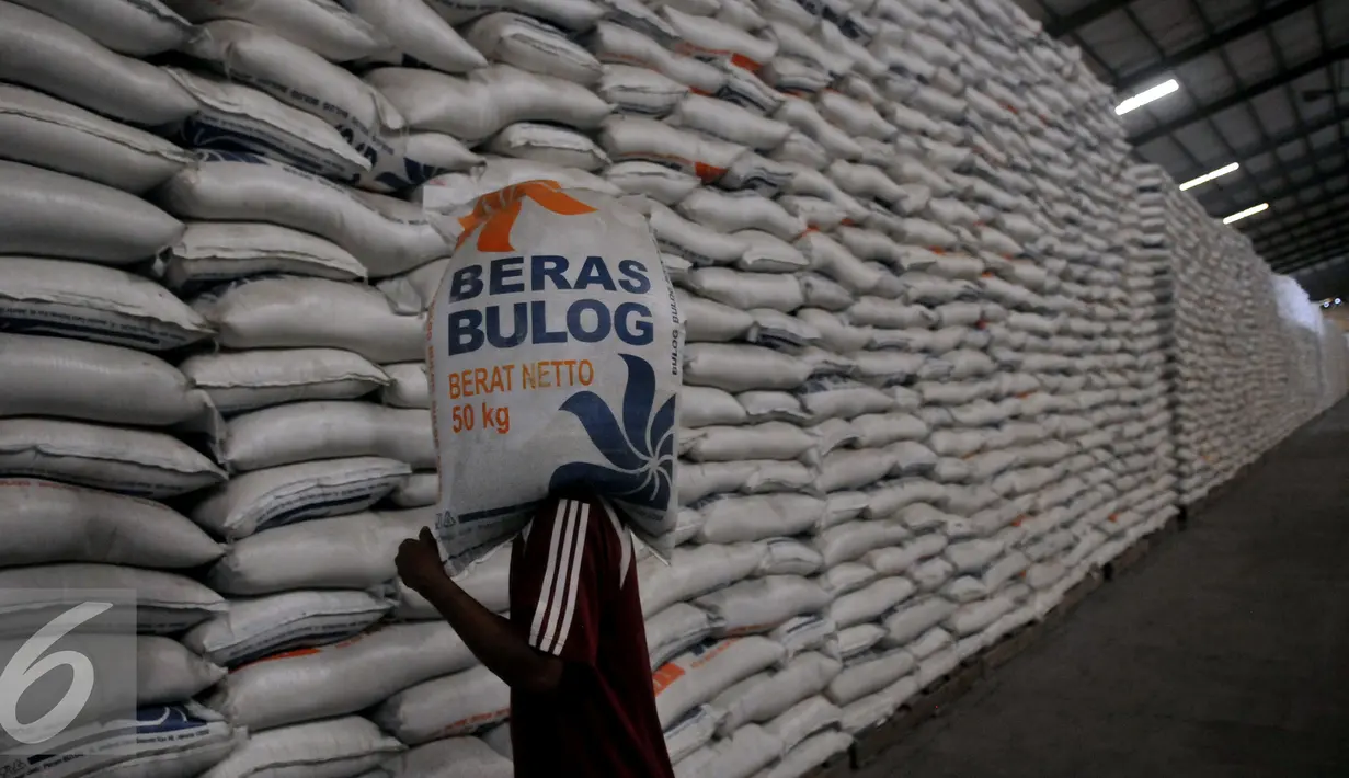 Pekerja memanggul karung Beras milik Badan Urusan Logistik (Bulog) di Gudang Bulog kawasan Kelapa Gading, Jakarta Utara, Selasa (7/6). Bulog memiliki stok beras sebanyak 2,1 juta ton. (Liputan6.com/Johan Tallo)