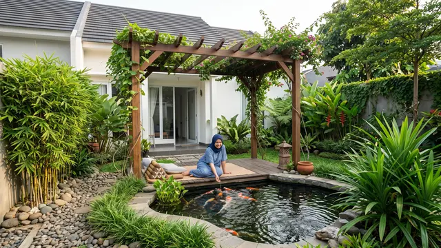 Ide Halaman Belakang dengan Pergola dan Taman Mini