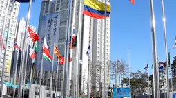 Bendera nasional Korea Utara (kedua kanan) berkibar bersama bendera negara-negara lain di desa atlet di Gangneung, Korea Selatan (1/2). Olimpiade Musim Dingin 2018 akan digelar di Pyeongchang, Korea Selatan. (AFP Photo/Yonhap)