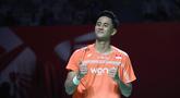 Tunggal putra Indonesia, Alwi Farhan, melakukan selebrasi setelah mengalahkan wakil India, Lakhsya Sen, di Istora Senayan, Selasa (2/6/2026). Alwi Farhan menang dengan skor 21-19, 21-16. (Bola.com/M Iqbal Ichsan)