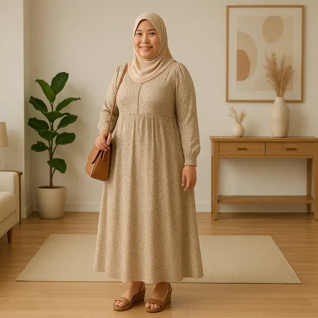 Inspirasi Model Gamis Motif Kecil Terbaru untuk Ibu Ibu Gemuk/via ChatGPT