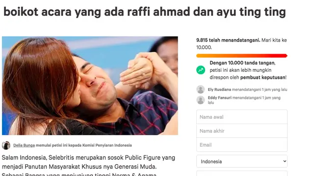 Pada 2016 silam, lewat platform yang sama juga sempat muncul petisi untuk memboikot acara televisi yang menampilkan Ayu Ting Ting dan Raffi Ahmad.