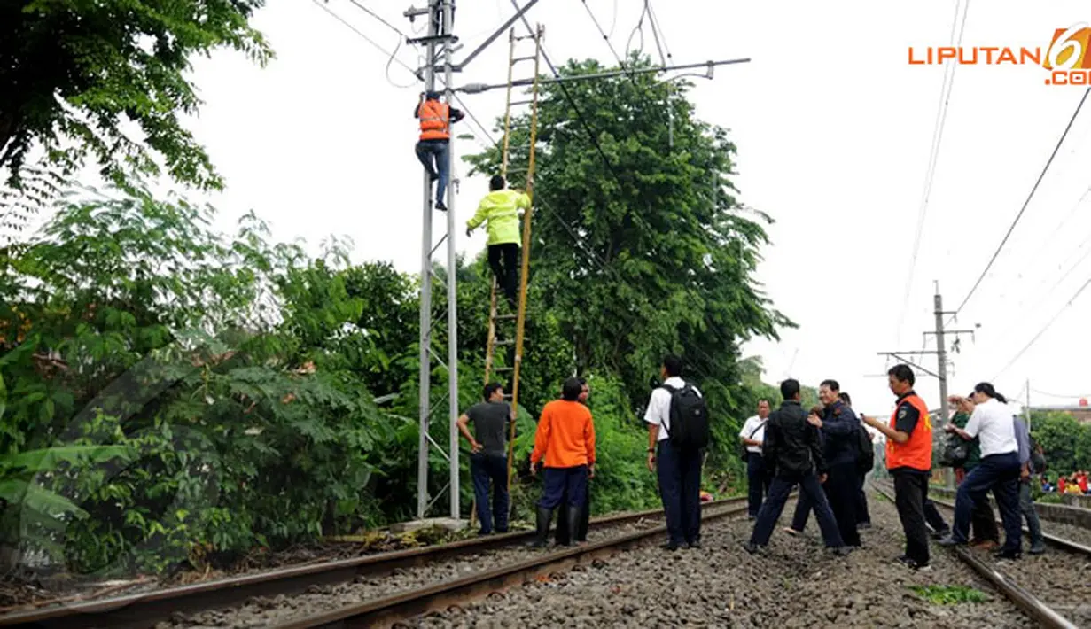 Usai merapikan rel dari sisa batang pohon yang tumbang para karyawan PT KAI langsung memeriksa aliran listrik yang ada (Liputan6.com/Helmi Fithriansyah)