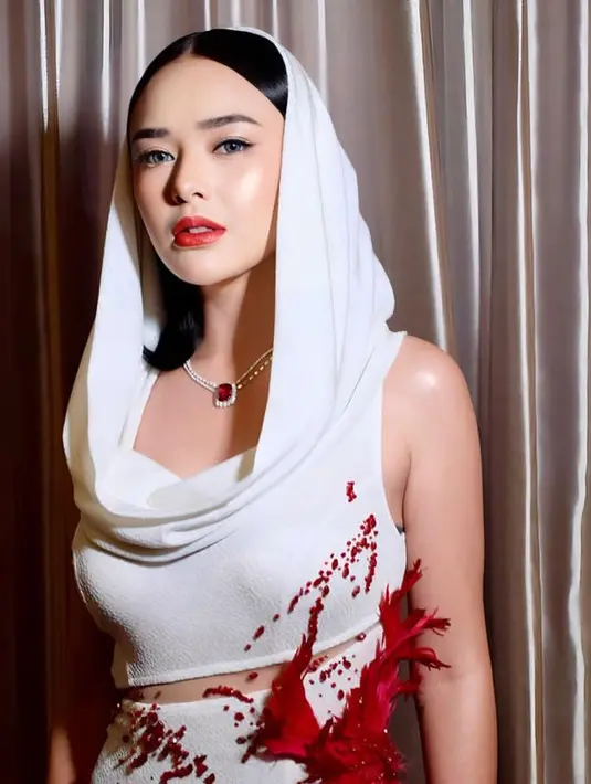 Hair Stylist, Opick Mano menata rapi rambut hitam pendek sebahu Amanda tanpa poni diatas hooded dressnya.  [@philipekarunia]