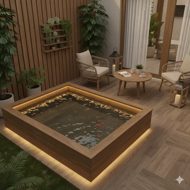 Kolam Ikan Mini Kayu di Teras Rumah