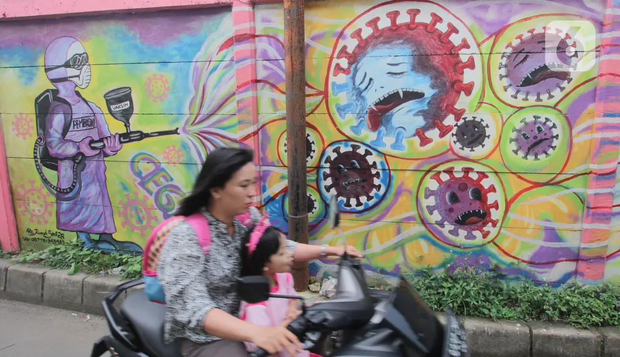 Warga melintasi mural bertema covid-19 di Tanah Tinggi, Tangerang, Sabtu (29/1/2022). Kasus Covid-19 varian Omicron di Indonesia terus bertambah dan wilayah penyebarannya semakin meluas. Diperkirakan, kasus omicron sudah mendominasi penularan virus corona di Jawa Bali. (Liputan6.com/Angga Yuniar)
