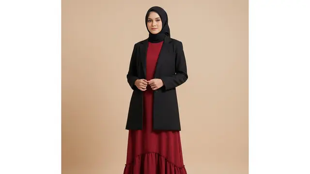 Gamis Ruffle A-Line Polos dengan Blazer Panjang Lurus