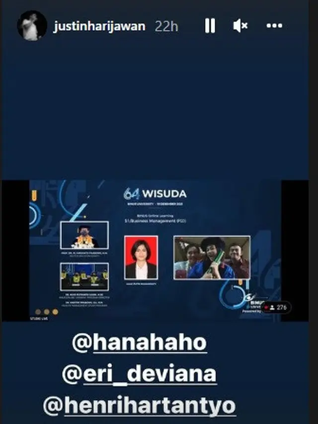 Hana Saraswati mengikuti wisuda daring (Foto: Instagram/@justinharijawan)