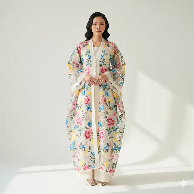 Model Outer Panjang Model Kimono dengan Motif Floral yang Memukau. Gemini