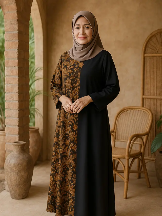 Model Gamis Batik Ibu-Ibu Umur 50 Tahun Kombinasi Kain Polos