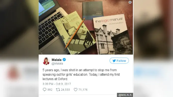 Malala mengingat kejadian yang menimpa dirinya lima tahun lalu dalam akun Twitter (Twitter/@Malala)