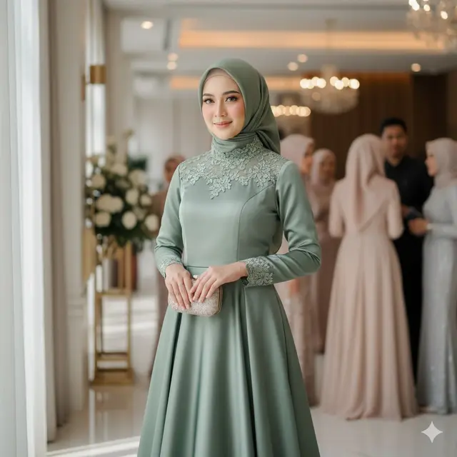 Gamis Satin A-Line dengan Aksen Lace di Kerah dan Lengan