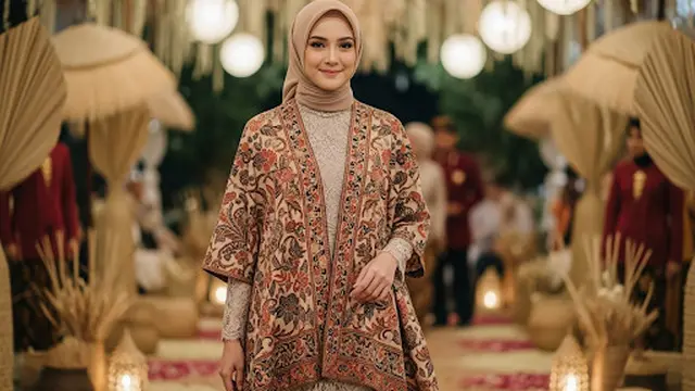 Long Dress Brokat Netral dan Outer Batik V-Neck yang Elegan