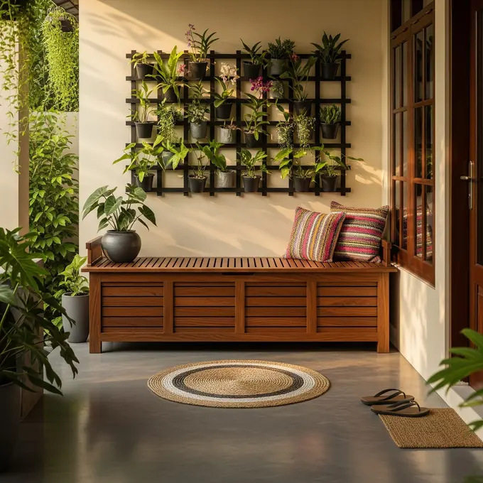 Teras Depan Rumah Sempit Budget Terbatas dengan Bangku Kayu Panjang untuk Ruang Penyimpanan