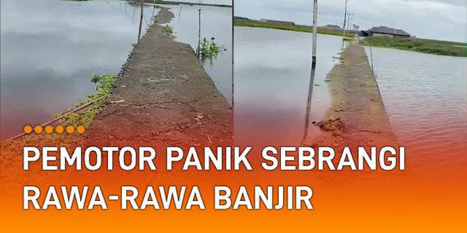 VIDEO: Pemotor Panik Sebrangi Rawa-Rawa Banjir Lewat Jalan Sempit