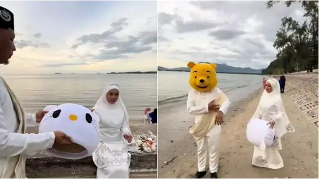 Viral Pasangan Ini Pakai Kepala Badut Jalanan untuk Foto Pernikahan