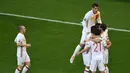 Pemain Spanyol merayakan gol yang dicetak Alvaro Morata ke gawang Kroasia pada laga Grup D Piala Eropa 2016 di Stade Mahmut-Atlantique, Bordeaux, Rabu (22/6/2016) dini hari WIB. (AFP/Mehdi Fedouach)