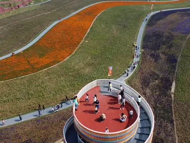 Foto dari udara yang diabadikan pada 1 Oktober 2020 ini menunjukkan para pengunjung di sebuah taman kreatif di Hefei, ibu kota Provinsi Anhui, China timur. Berbagai kegiatan dilakukan warga China untuk merayakan liburan Hari Nasional tahun ini. (Xinhua/Zhang Duan)