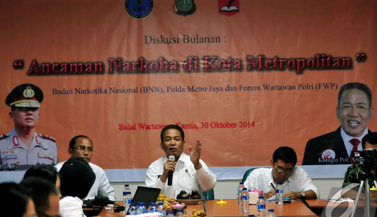 Suasana diskusi 'Ancaman Narkoba di Kota Metropolitan' yang diselenggarakan di Balai Wartawan Polda Metro Jaya, Jakarta, Kamis (30/10/2014). (Liputan6.com/Johan Tallo)