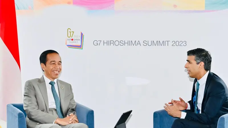 Presiden Joko Widodo menggelar pertemuan bilateral dengan Perdana Menteri (PM) Inggris Rishi Sunak di Hotel Grand Prince, Hiroshima, Jepang, Sabtu (20/5/2023).