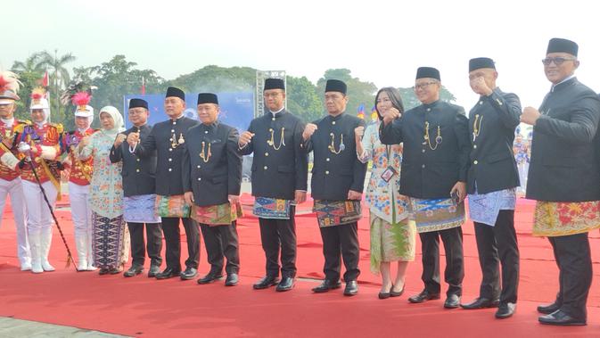 Gubernur DKI Jakarta Anies Baswedan bertindak sebagai Inspektur Upacara peringatan Hari Ulang Tahun (HUT) ke-495 DKI Jakarta di Monumen Nasional (Monas) hari ini, Rabu (22/6/2022).