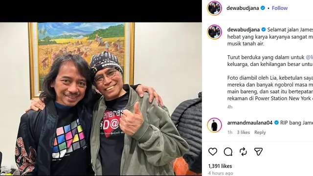 Unggahan Dewa Budjana tentang mendiang James F Sundah. (Instagram/ dewabudjana)