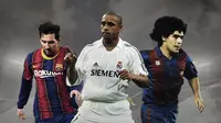 Lionel Messi, Roberto Carlos dan Diego Maradona. (Bola.com/Dody Iryawan)