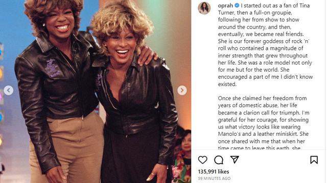 Unggahan Oprah untuk Tina Turner. (Instagram/ oprah).