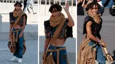 Foto kolase Jaden Smith saat tiba untuk presentasi koleksi Louis Vuitton Womenswear Sping-Summer 2023 selama Paris Fashion Week, di Paris, pada 4 Oktober 2022. (AFP/GEOFFROY VAN DER HASSELT)