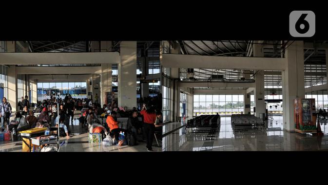 Foto kombo yang menunjukkan aktivitas pemudik pada H-8 Idul Fitri tahun lalu di Terminal Pulo Gebang, Jakarta, Selasa (28/5/2019) dan suasana sepi arus mudik akibat pandemi virus corona COVID-19 di Terminal Pulo Gebang, Minggu (17/5/2020). (merdeka.com/Iqbal S. Nugroho)