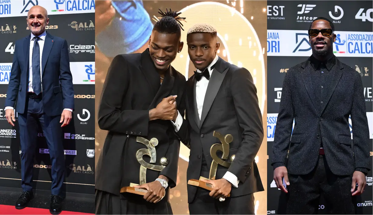 Kolase foto dari pelatih Timnas Italia Luciano Spalleti (kiri), pemain AC Milan, Rafael Leao dan pemain Napoli, Victor Osimhen (tengah), serta kiper AC Milan Mike Maignan (kanan) saat menghadiri Italian Footballers Association (AIC) Awards 2023 di Milan, Italia, Selasa (05/12/2023) WIB. (AFP/Marco Bertorello)