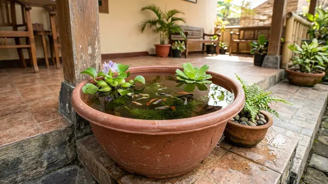 Mini Pond dari Pot dengan Tanaman Air