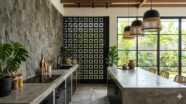 Desain Dapur Bergaya Tropis Modern Kombinasi Roster dan Batu Alam