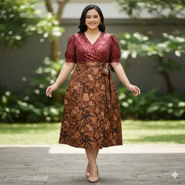 Dress Batik Brokat Lengan Pendek untuk Wanita Gemuk