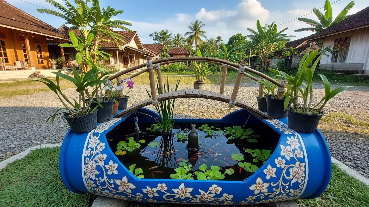 Trik Bikin Kolam Ikan Kecil dari Tong Air untuk Halaman Rumah/ Ilustrasi gambar oleh AI