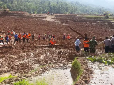 Sejumlah petugas penyelamat melakukan pencarian korban longsor di Desa Pasir Panjang, Salem, Brebes, Jawa Tengah, Jumat (23/2). Bencana longsor itu menimpa sejumlah warga yang sedang mengolah lahan pertanian di dekat kawasan hutan tersebut. (AP Photo)
