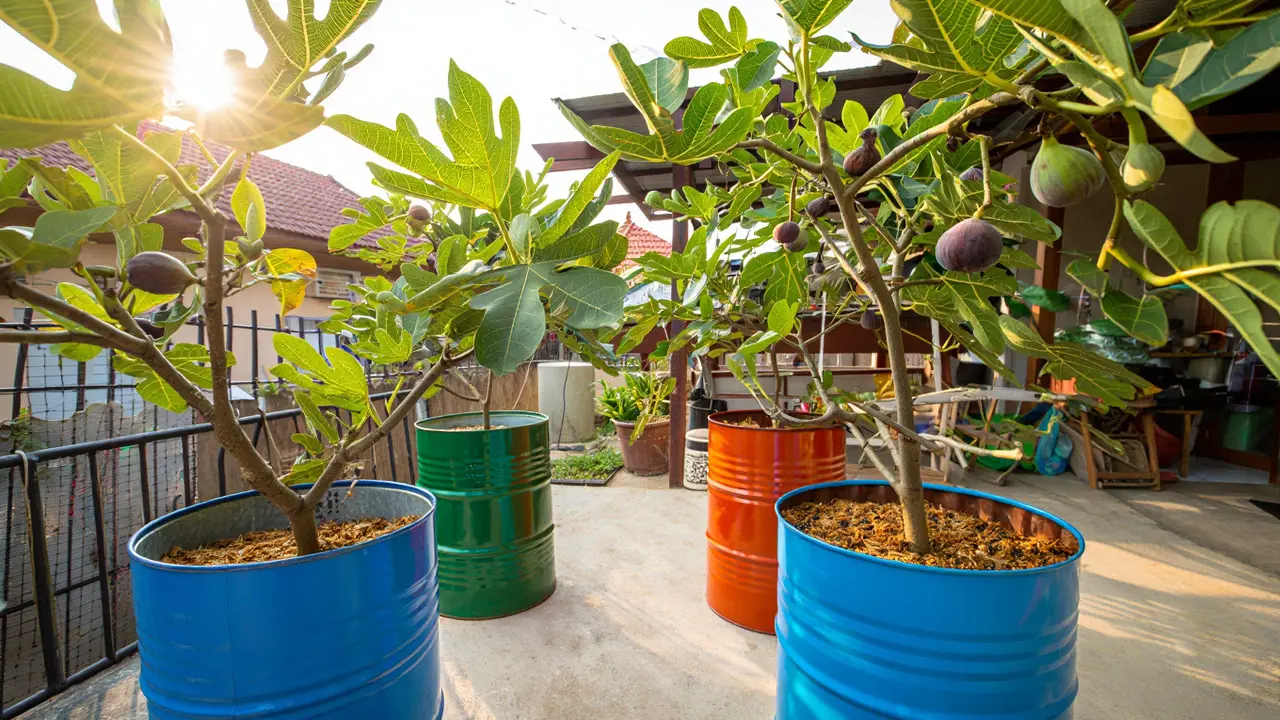 Kebun Buah Tin dalam Drum Bekas untuk Teras Beton
