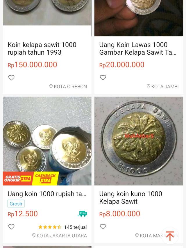 Uang logam pecahan Rp 1.000 bergambar kelapa sawit dijual ratusan juta di e-commerce.