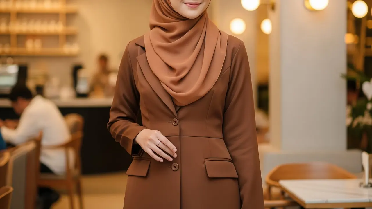 Model dan Bahan Gamis Blazer Coklat (Image by Gemini AI)