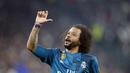 Bek Real Madrid, Marcelo menyumbang satu gol pada menit ke-72 saat melawan Juventus pada laga leg pertama perempat final Liga Champions di Allianz stadium, Turin, (3/4/2018). Real Madrid menang 3-0. (AP/Antonio Calanni)