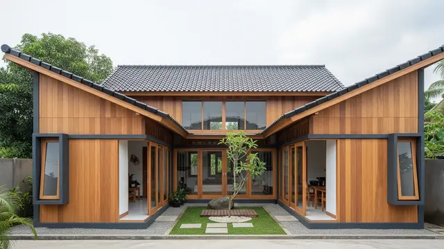 Model Rumah Kayu Atap Miring dengan Inner Courtyard
