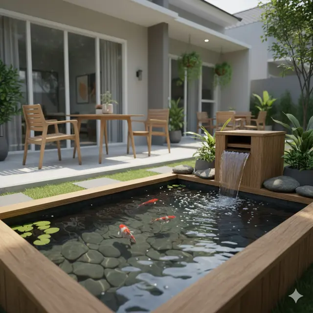 Kolam Ikan Mini Kayu di Teras Rumah