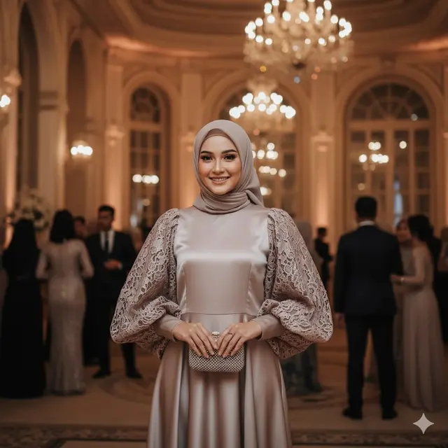 Gamis Satin Lengan Balon (Balloon Sleeve) dengan Detail Lace