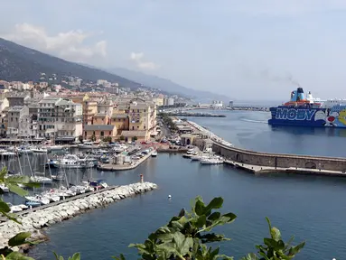 Kapal pesiar Moby Dada bersiap meninggalkan pelabuhan Bastia saat peresmian jalur baru antara Nice dan Bastia, Prancis (10/6). Kapal pesiar dari perusahaan Moby Lines ini bergambar tokoh kartun Looney Tunes. (AFP Photo/Valery Hache)